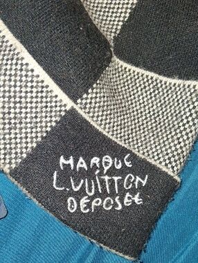 Louis Vuitton Black & Cream Checker Knit Scarf with Embroidered Logotype